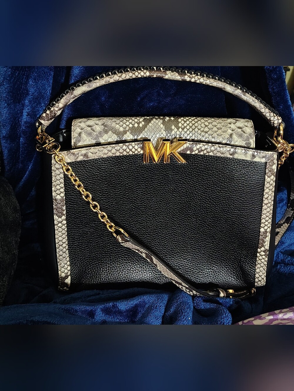 Michael Kors Black Leather Shoulder Bag with Gold Snake-Texture Trim